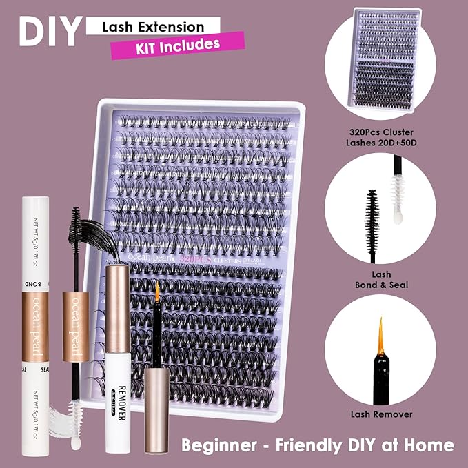 Individual Lashes with bond and seal Lash Remover DIY Lash Extension Kit 320 Pcs Cluster Lashes 10-16mm Natural Light C/D False Eyelashes for Beginner Makeup at Home (20D+50DÃ¯Â¼Â