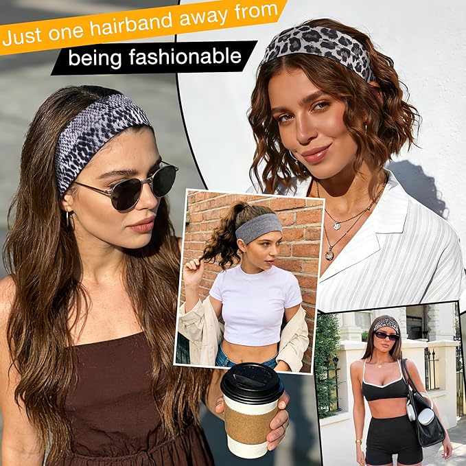 Ztomine 8 Pack Headbands for Women Non Slip - Stylish Sports Hair Bands for Women's Hair - Soft Cotton Cloth Stretchy Headbands for Women for Yoga, Outdoor Exercise Running