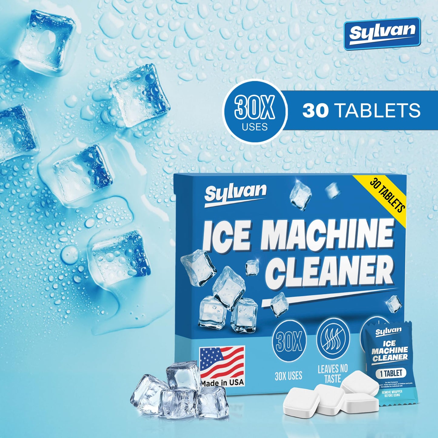 Sylvan Ice Machine Cleaner and Descaler Tablets | 30 Tabs | Made in USA | Nickel Safe Ice Maker Cleaner and Descaler | Universal Compatibility for Commercial & Residential Ice Makers