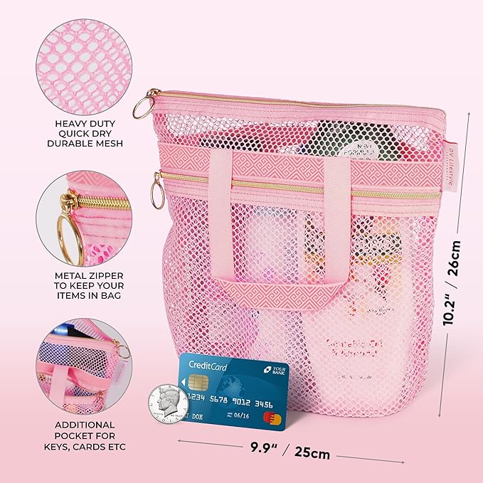 DV Lifestyle Mesh Shower Bag 10.2x9.9'' Quick-Dry Caddy with Zipper & 2 Pockets. Portable Toiletry Tote for Bathroom, Gym, Travel, Camp, Beach, for Sunscreen, Dorm & College Essentials (Pink)