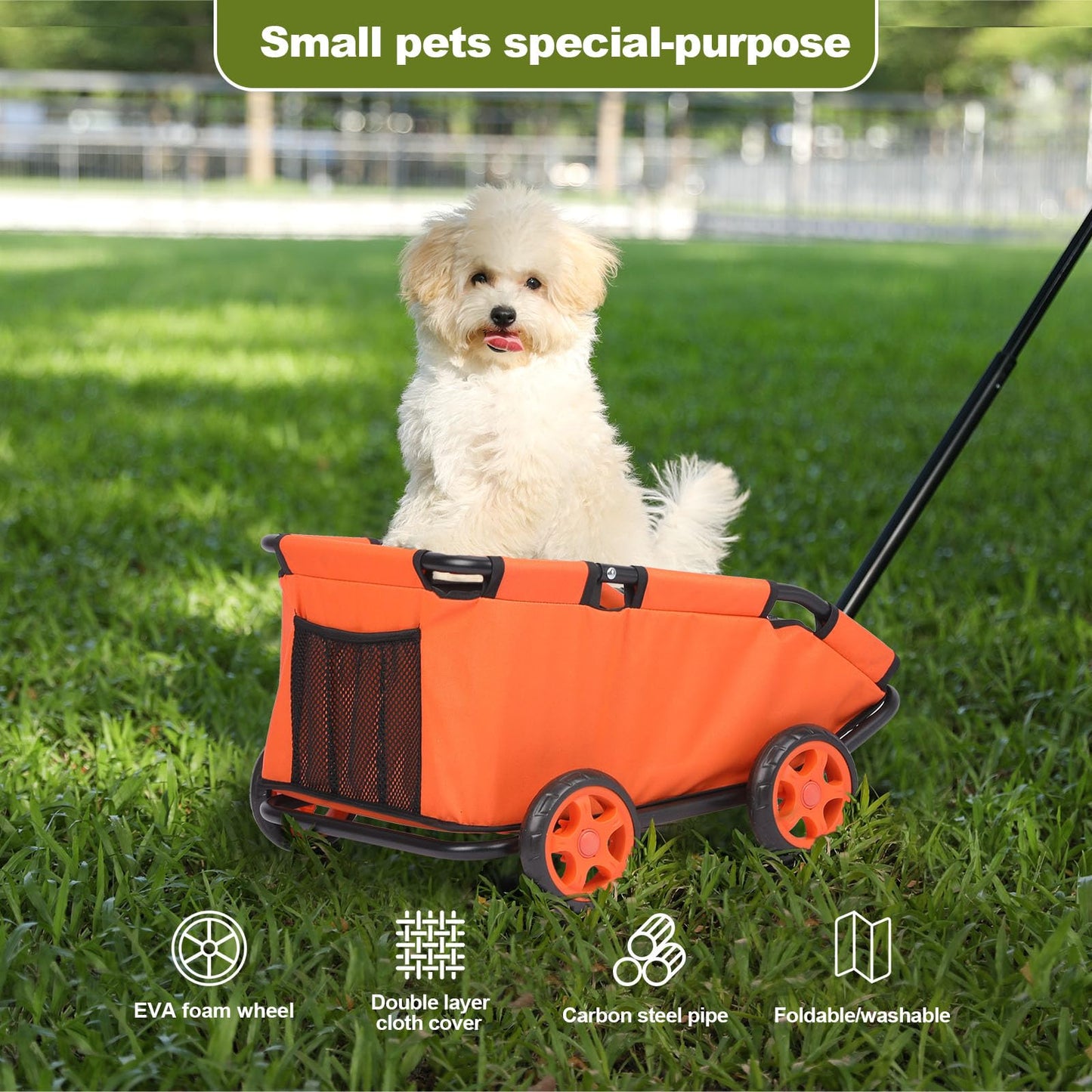 AESRAOU Mini Dog Strollers for Mini Pets, Foldable Multifunctional Shopping Carts with Extendable Pull Handle, Doggie Wagon Built-in Cushion and Safety Rope with Storage Bag (Orange)