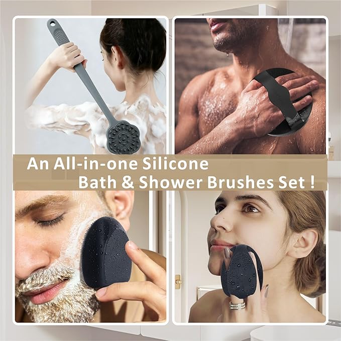 Back Body Scrubber & Face Scrubber for Shower - 15 Inch Long Handle Double Sided Silicone Body Brush for Exfoliation & Massage, Soft Facial Cleansing Brush, Rich Lathering for Deep Cleansing (Gray)