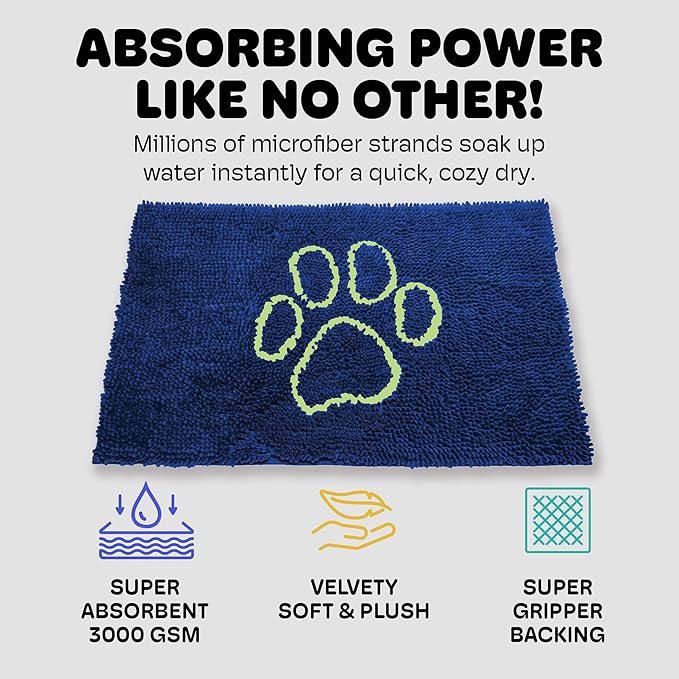 Dog Gone Smart Dirty Dog Doormat - Fast Drying Rug with Super Gripper Backing for Clean Floors - Super Absorbent and Machine Washable Mat for Muddy Paws - Marine