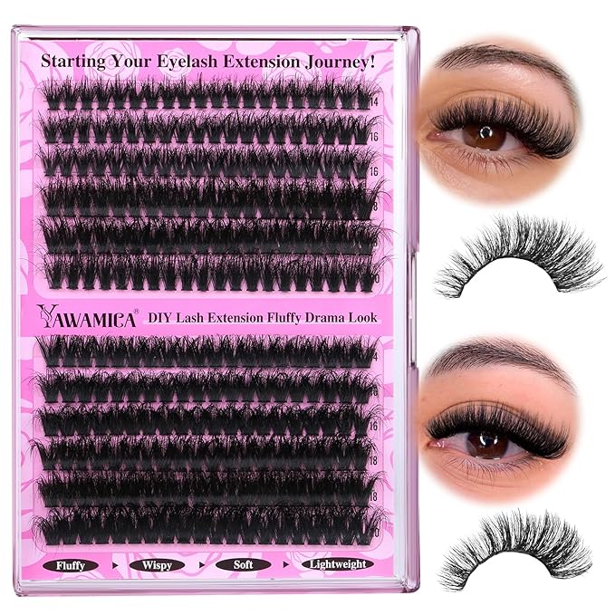 Yawamica Wispy Individual Lashes Clusters Fluffier Eyelash Extension 150D+200D Thick Volume Eyelash Clusters 14-20mm D Curly Lashes 240pcs DIY Lash Extension for Beginners, Black