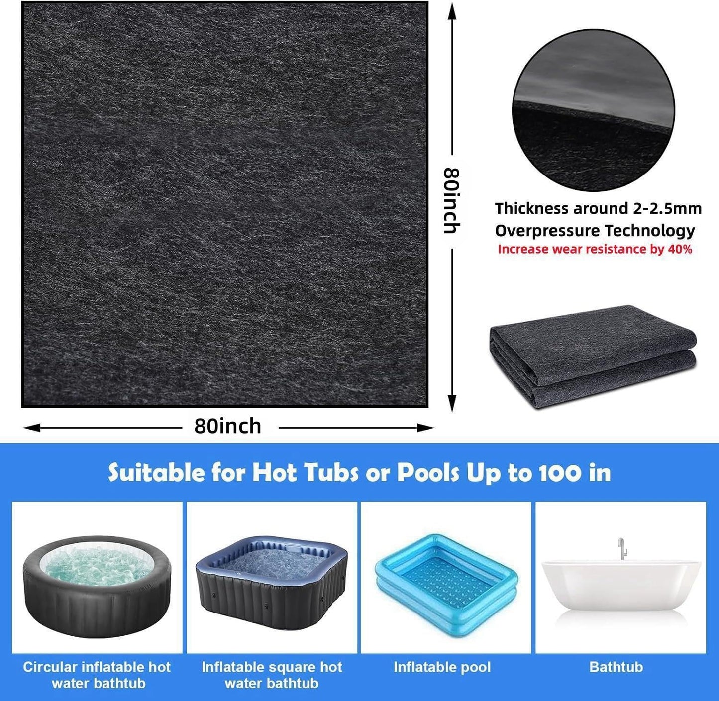 Aoebwpwi 80 * 80 Inch Hot Tub Mat, Extra Large Inflatable Hot Tub Pad Outdoor Indoor, Waterproof Slip-Proof Backing, Absorbent Spa Pool Ground Base Flooring Protector Mat (80 * 80 Mat-Square)