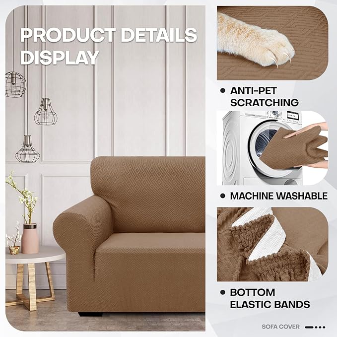 ZNSAYOTX 1 Piece Jacquard Couch Covers for 2 Cushion Couch High Stretch Loveseat Slipcover for Pets Dogs Anti Slip Love Seat Sofa Slipcover Furniture Protector (Medium,New Pattern Light Coffee)