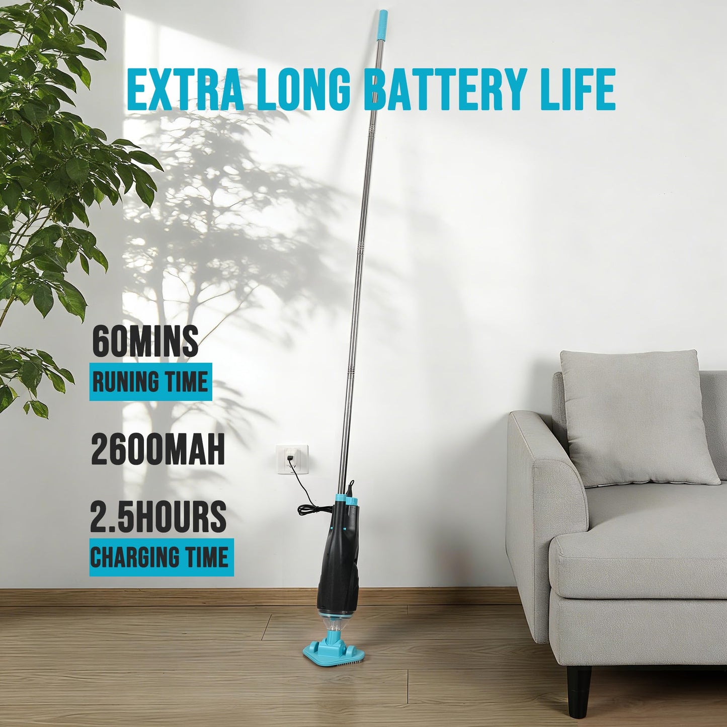 Rechargeable Handheld Pool Vacuum Set with Adjustable Pole and 2 Interchangeable Brush Heads, Ideal for Above-Ground Pools, Hot Tubs, Spas, and Small Pools up to 20ft – Cordless Spot Cleaner(Blue)