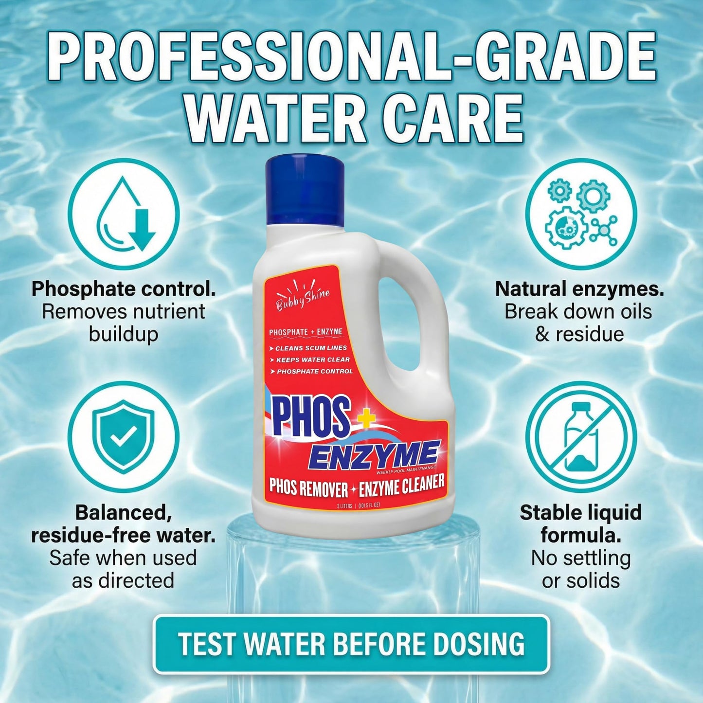 Pool Phosphate Remover and Pool Clarifier Enzyme, Weekly Pool Treatment, Saltwater Safe Pool Chemicals for Inground & Above Ground Pools, 3 Liter – BubbyShine