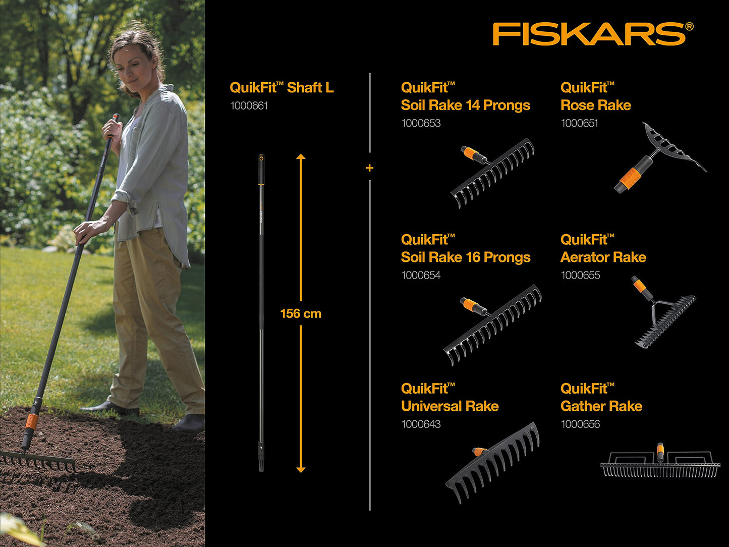 Fiskars 1000654 16 Teeth Rake, Tool Head, Width 40 cm, Hardened Steel Teeth, Black/Orange, QuikFit