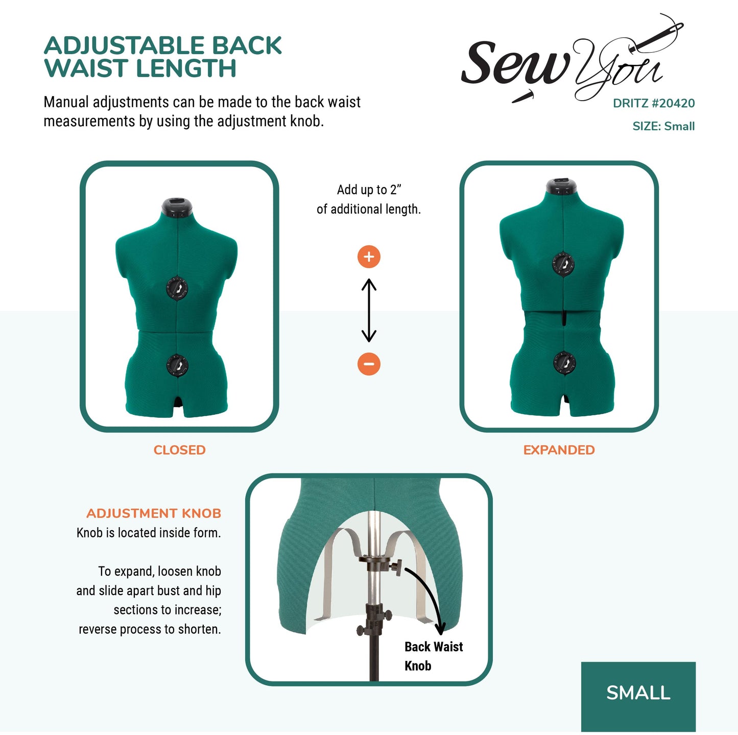 Dritz Sew You Adjustable Dress Form - Small/Medium Sizes US 4-12 - Female Clothing Mannequin for Sewing, Fitting, and Draping - Pinnable Sewing Mannequin with 12 Dials for Fitting + 360 Hem Guide