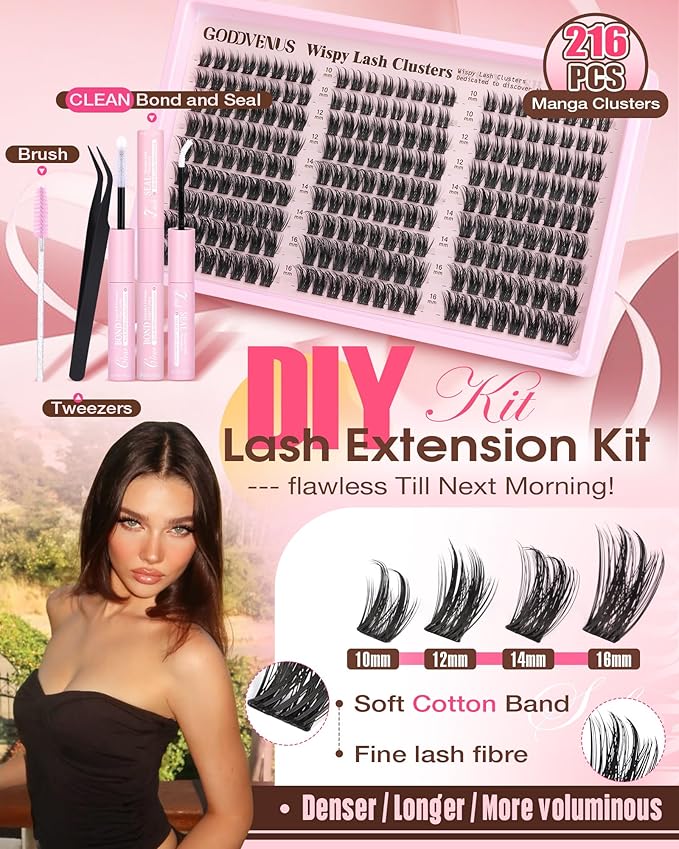 Goddvenus Wispy Manga Lash Clusters Kit Natural Eyelash Clusters Kit Fairy Cluster Eyelash Extensions Anime Individual Lashes C Curl Lash Extension Kit Waterproof DIY Eye Lashes Cluster Glue