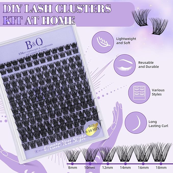 B&Qaugen Lash Extension Kit B05 Eyelash Extension Kit B&Q DIY Lash Extension Kit 156 PCS Lash Clusters 8-18mm Cluster Eyelash Extensions Kit with Lash Bond and Seal Lash Applicator Tool (Kit,B05)
