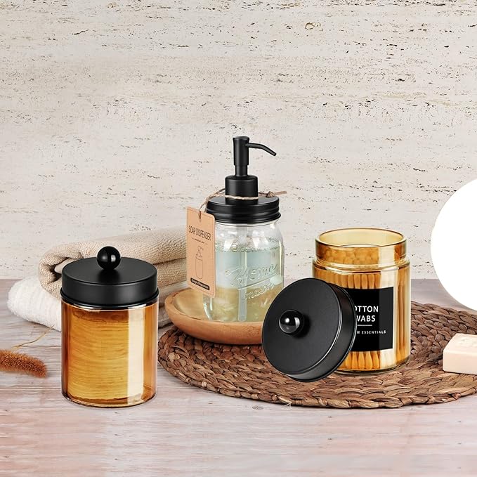 Amolliar Bronze Glass Apothecary Jar, Qtip Holder Metal Lid & Stickers, Bathroom Qtip Dispenser Storage Canister, Perfect for Cotton Balls, Cotton Swabs, Makeup Pads, Bath Salt, Floss, 4 Pack (Black)