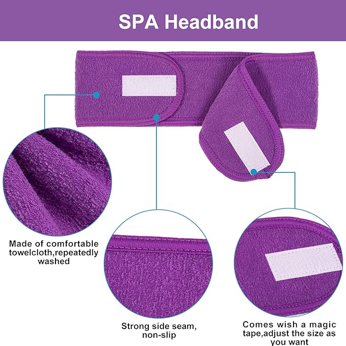 Whaline Spa Facial Headband 4 Packs Head Wrap Terry Cloth Headband Adjustable Stretch Towel for Bath, Makeup and Sport (Purple)