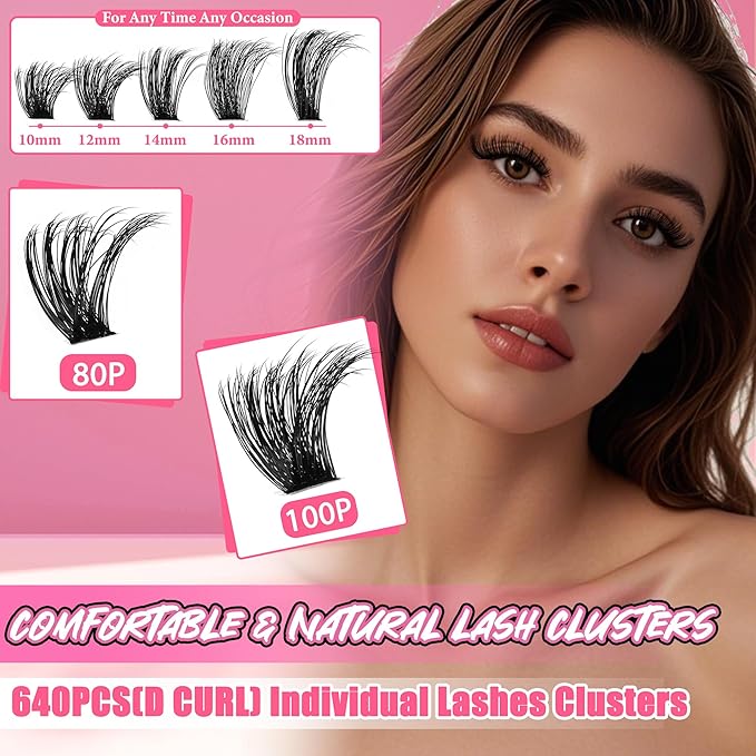 Lash Clusters 80D 100D C Curl Lash Clusters Kit DIY Lash Extension Kit 640Pcs 10-18MM Individual Lashes Clusters Eyelash Extensions with Lash Bond and Seal Lash Tweezers
