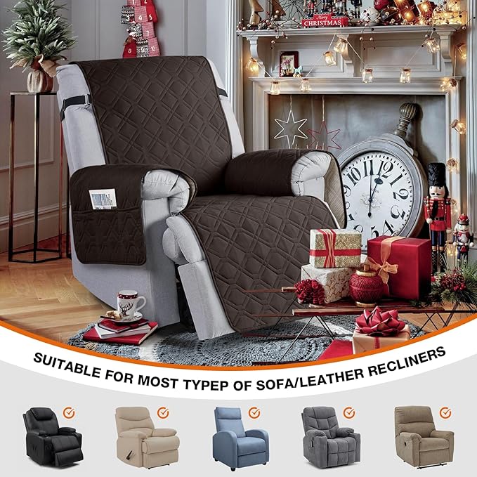 VANSOFY 100% Waterproof Recliner Chair Covers, Recliner Cover Non-Slip Dog Chair Cover Furniture Protector Washable Slipcover with Pocket, Elastic Straps for Pets, Dogs(Chocolate, 22")