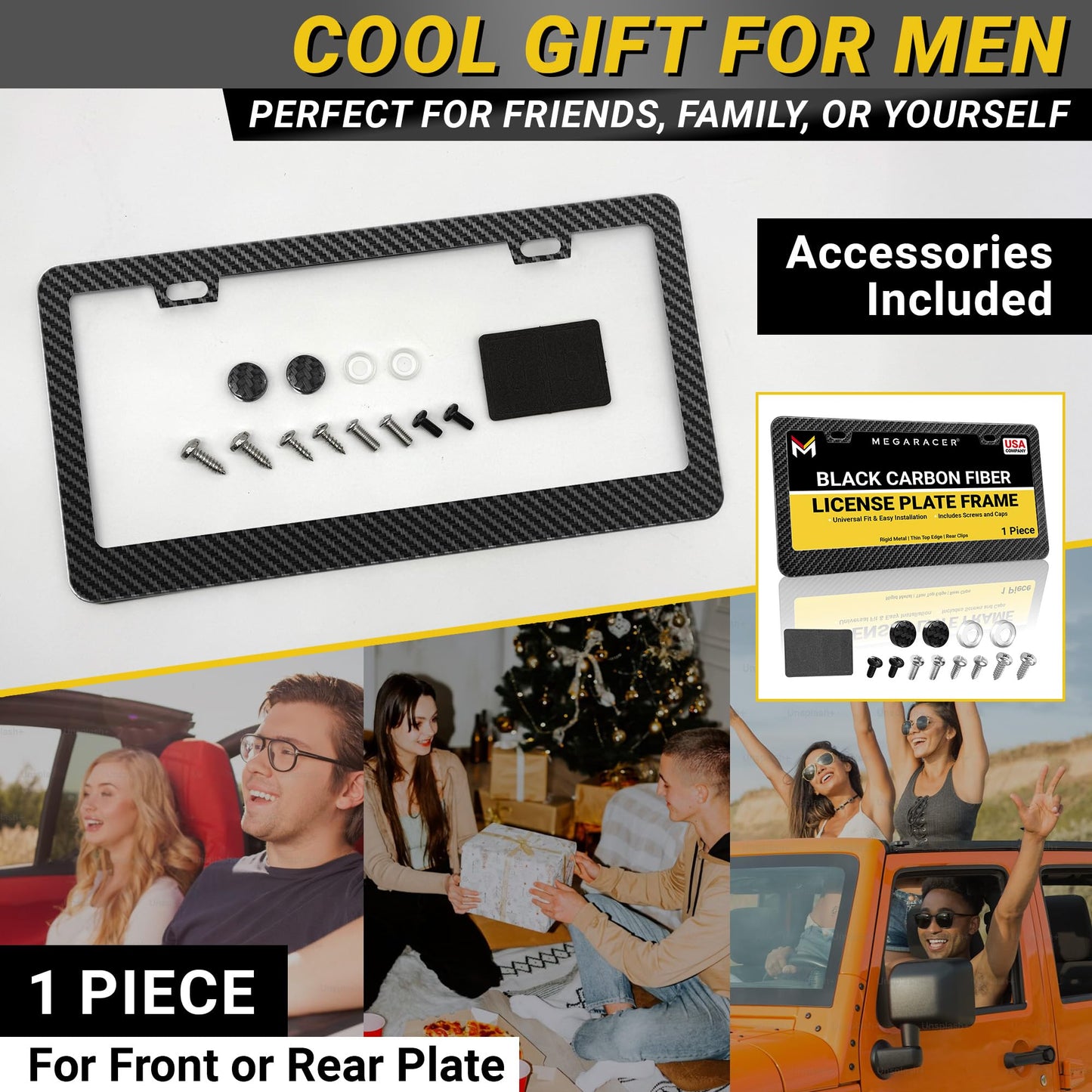 Premium Carbon Fiber Design License Plate Frame – 1 Piece, Rust-Free Stainless Steel, Rattle-Free, Universal with Screw Caps, Slim-Top, Thin Rigid Metal Car Tag Holder, Front Or Rear - Cool for Men