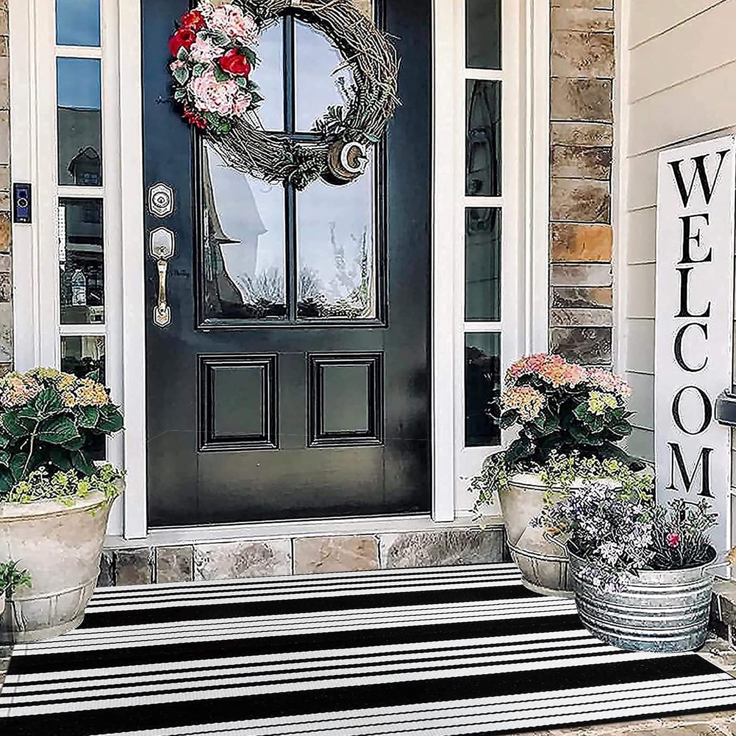 BUAGETUP Black and White Outdoor Rug 3'x 5' Cotton Woven Washable Rug Striped Front Porch Rug Area Rug Floor Mat for Farmhouse/Layered Door Mats/Living Room