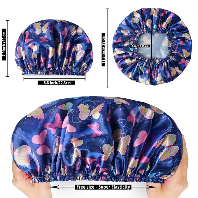 Shower Cap for Women,4 PCS Elastic and Reusable Bath Caps, Double Layers Shower Caps Reusable Waterproof, Bathing Shower Caps, Environmental Bath Hair Protection Cap - Butterfly E