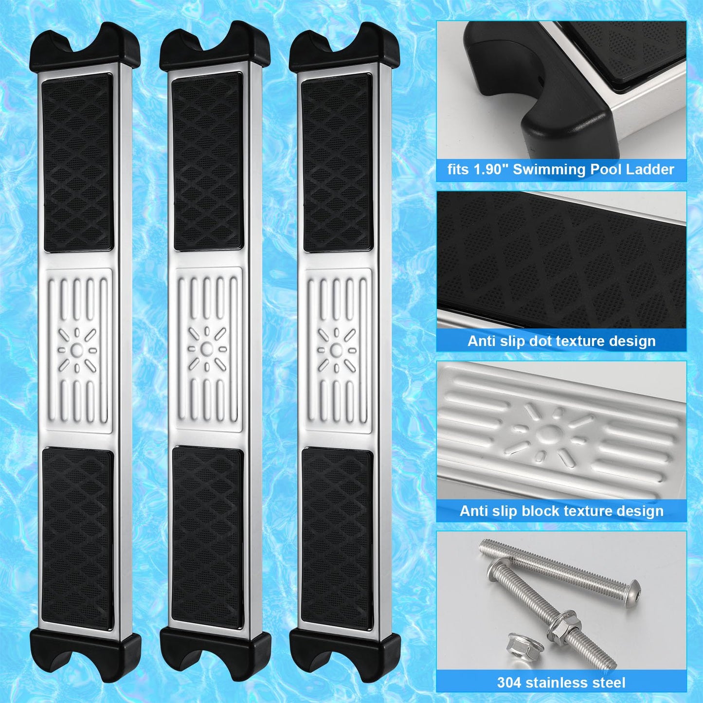 XLSXEXCL 3 Pack Stainless Steel Swimming Pool Ladder Steps with Pool Ladder Bumpers & Pool Ladder Escutcheon Plates, 18'' Heavy Duty Replacement Pool Ladders for Inground Swimming Pools