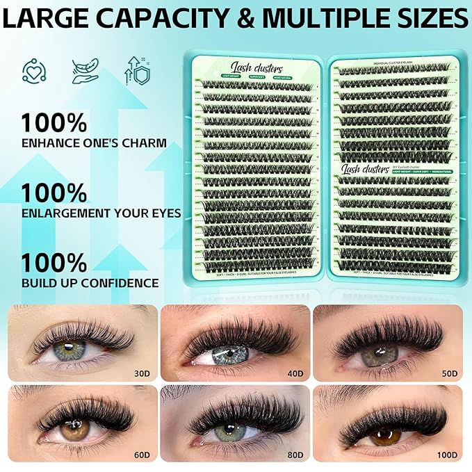 Wispy Lash Clusters Kit, D Curl Lashes Clusters Natural Look 9-16mm Individual Super Thin Band DIY Cluster Eyelash Extensions Kit with Bond Seal Tweezers Brush Remover (60D 80D Mix)