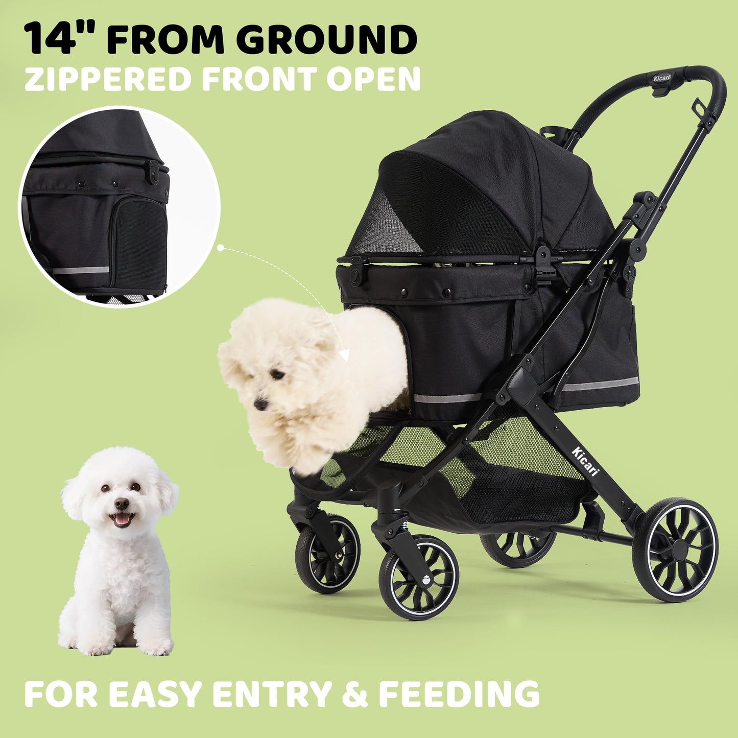Kicari All-Terrain Dog Stroller for Small to Medium Dogs, Pet Stroller for Dogs & Cats Outdoor Walks, One-Hand Easy Fold, Double-Layer Anti-UV & Waterproof Canopy & Breathable Mesh, Samurai Black