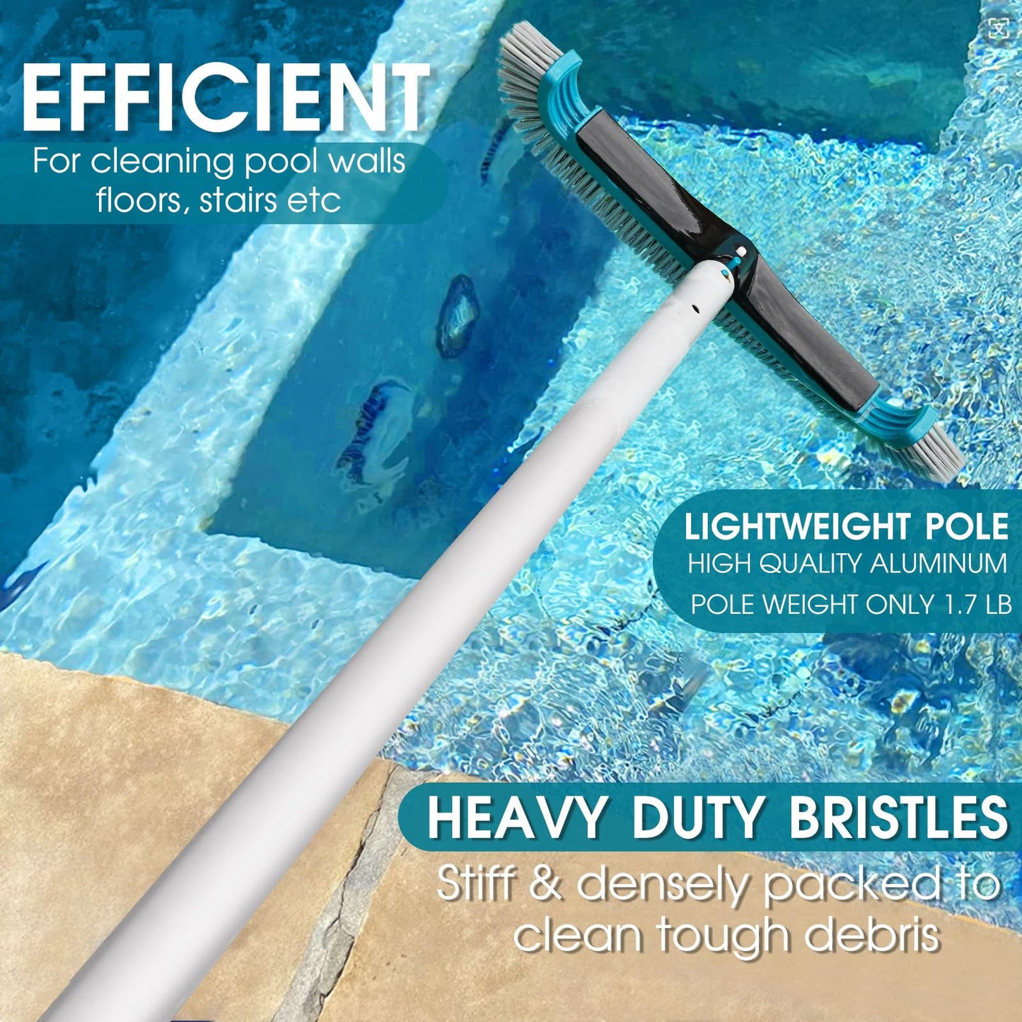 Swimming Pool Cleaning Kit - Aluminum Frame Skimmer Net with 10Ft Adjustable Pole & 17.5” Pool Brush Head, Pools Maintenance Kits for Inground & Above Ground Swimming Pools, Removes Debris
