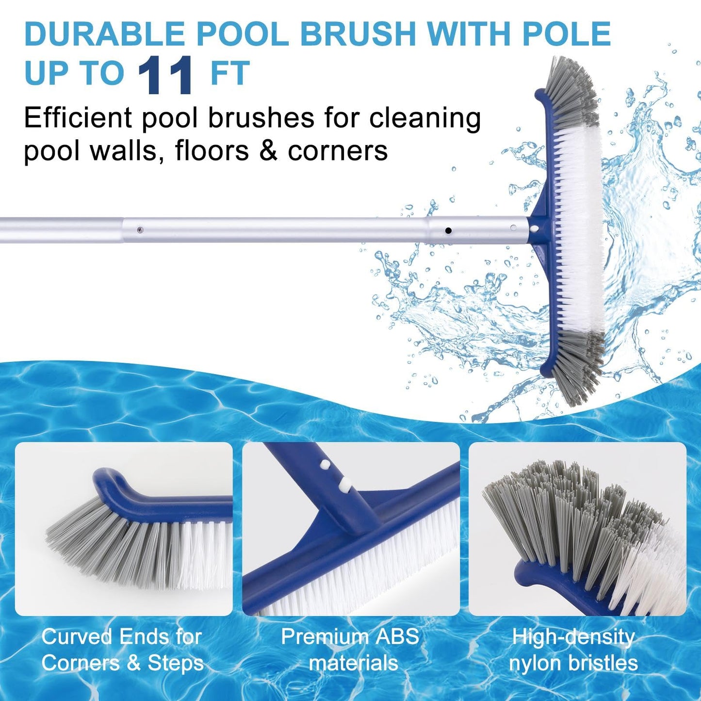 POOLAZA Pool Cleaning Kit, Including Pool Brush & Ultra Fine Mesh Pool Skimmer Net with Pole, Pool Net Skimmer & 17.5'' Pool Brush Head with 10.5ft Aluminum Pool Pole, Pool Net and Brush with Pole