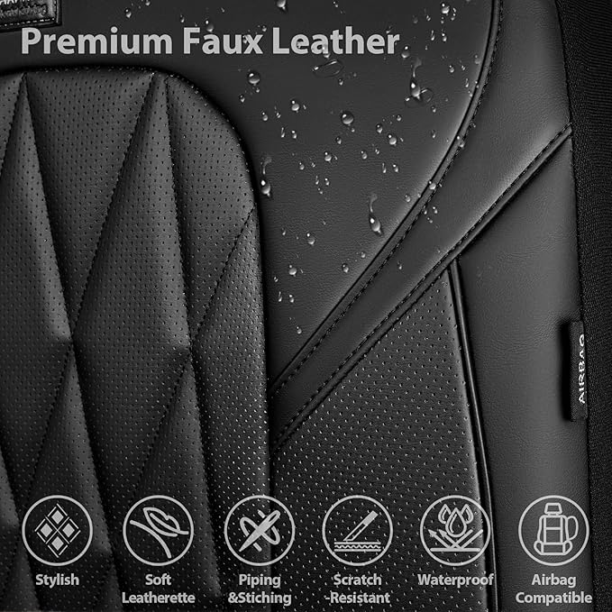 CAR PASS Nappa Leather High Back Front Seat Covers, Tesla Model 3 Model Y Breathable Faux Leather Front Bucket Seat Covers, Anti-Slip Airbag Compatible Universal Fit for Sedan SUV Van Truck, Black
