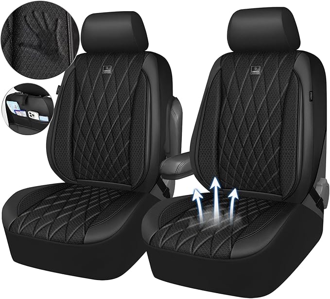 CAR PASS Thick Foam 3D Air Mesh Leather Car Seat Covers Front Seats Only, Luxury Breathable Premuim PU Leather Two Front Seat Covers,Airbag Compatible Universal Fit for 95% Sedan Van Truck SUV, Black