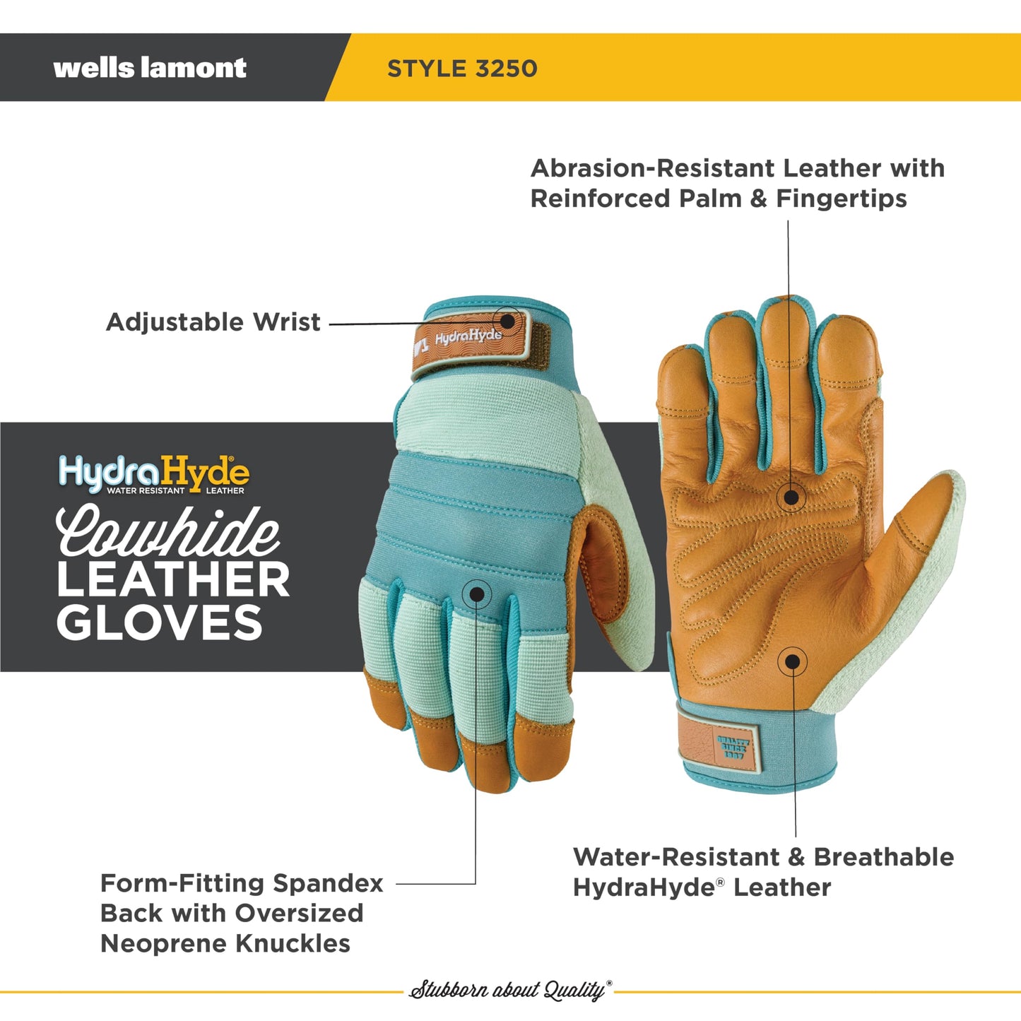 Wells Lamont Women's HydraHyde Leather Hybrid Gloves – Water-Resistant, Durable Cowhide Palm, Spandex Stretch Back – Ideal Landscaping/Farming/Gardening Gloves – Adjustable Wrist– Medium, Blue (3250M)