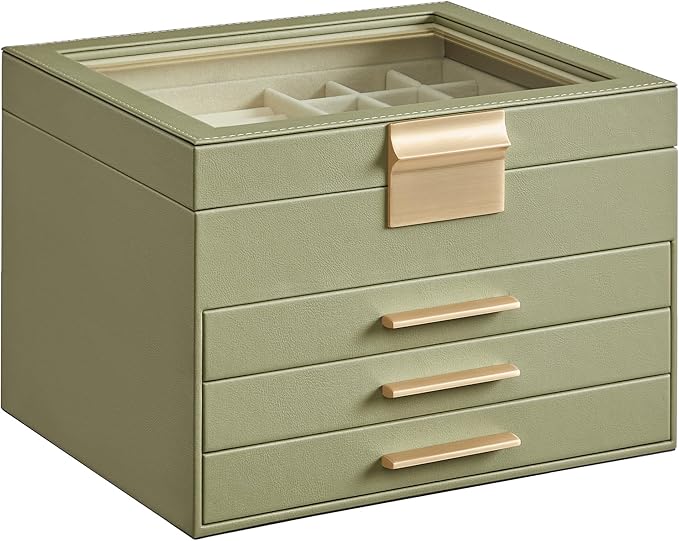 SONGMICS GISELLA Collection - Jewelry Box Organizer, 4-Layer Jewelry Storage with 3 Drawers, Shiny Metal Hardware, Glass Lid, Modern, 8 x 9.1 x 6.5 Inches, Avocado Green and Gold Color UJBC173C02