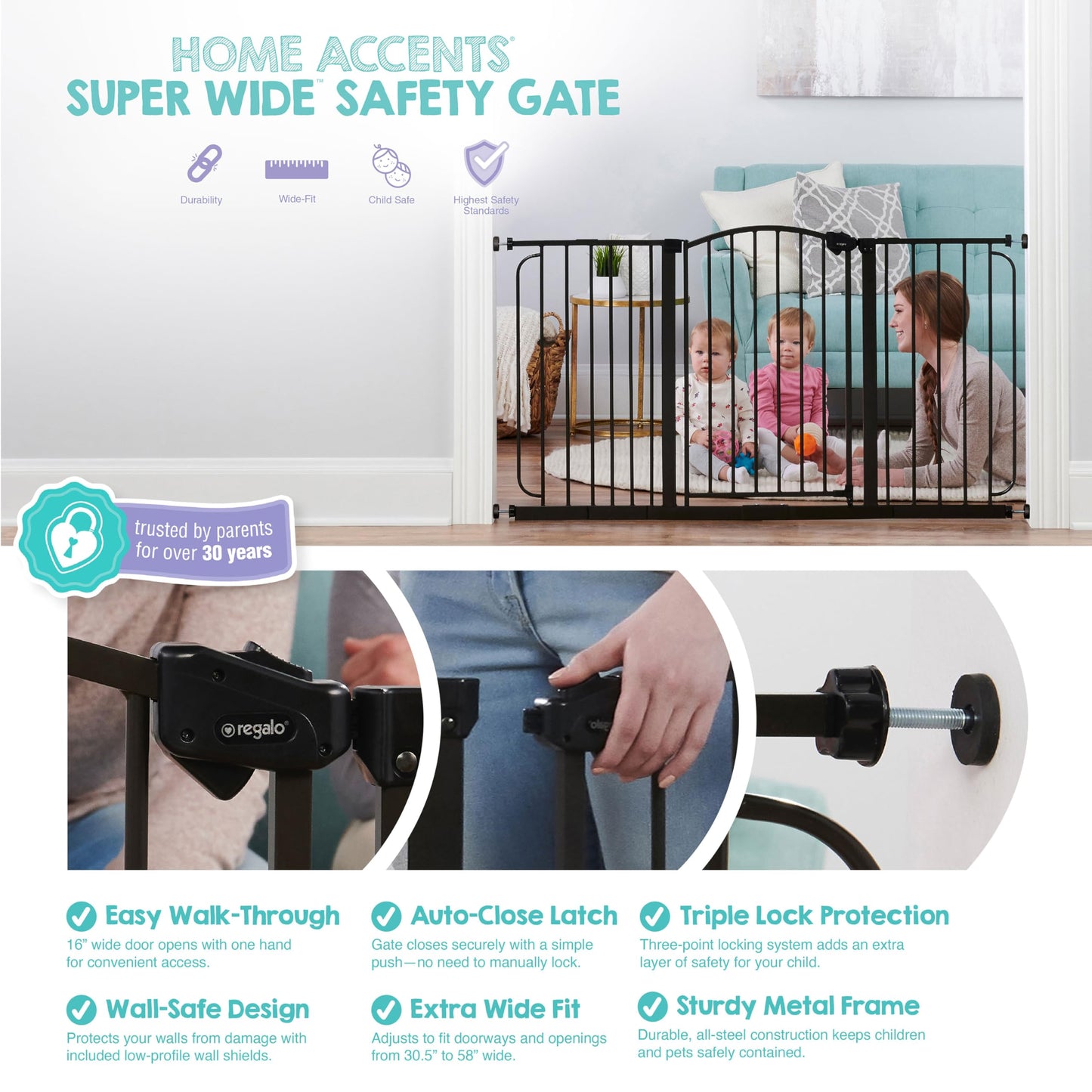 Regalo Safety 30.5-58" Extra Wide Arch Baby Gate with Door, Pressure Mount Walk Through Gate for Doorways & Bottom of Stairs, Babies, Toddlers & Pets, Tested & Safe, American Designed, American Owned