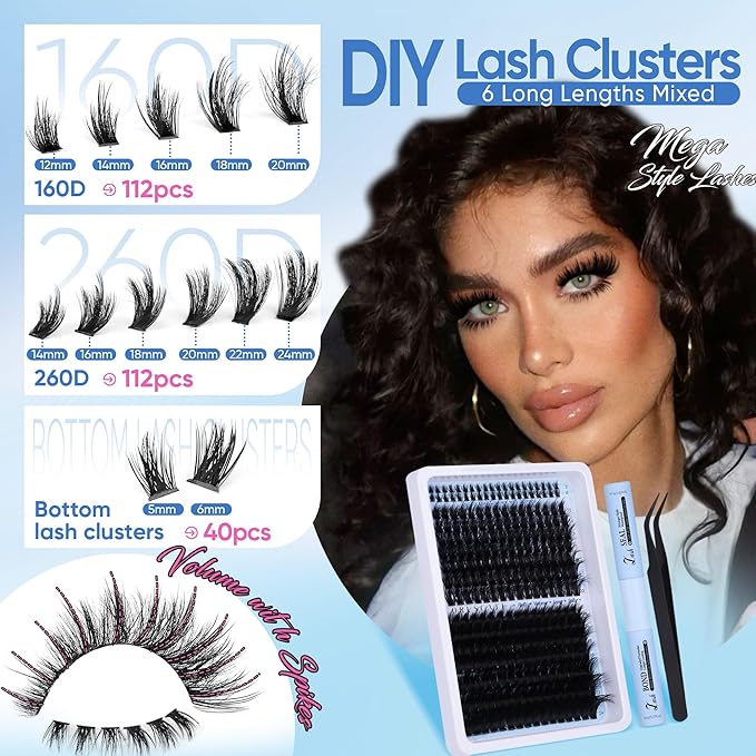 CORUSCATE Lash Clusters Kit with Bottom Lash Extension Kit Thick 160D+260D Cluster Eyelash Extensions Volume Individual Lashes 12-22mm Cluster Lashes Mega Dramatic Style with Lash Bond and Seal Glue