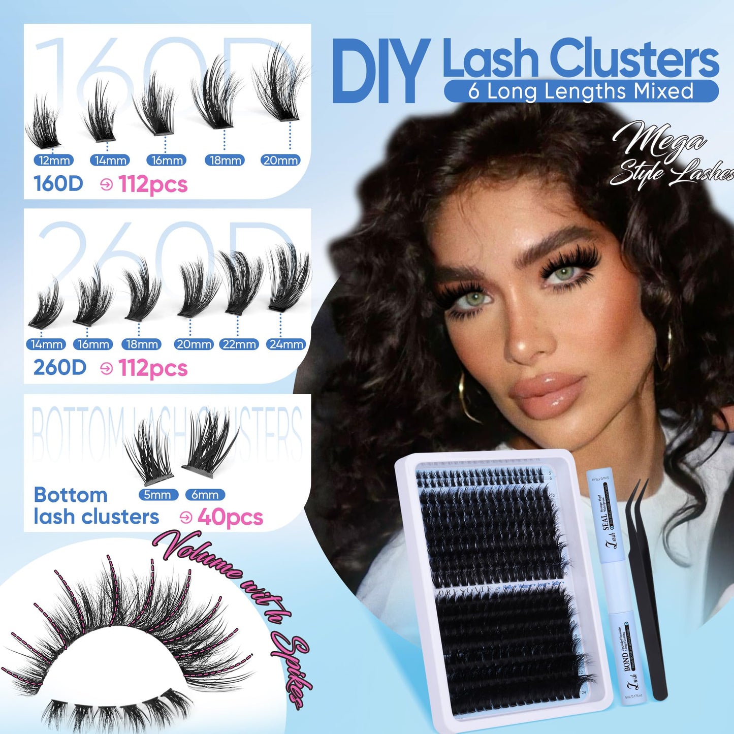 CORUSCATE Lash Clusters Kit with Bottom Lash Extension Kit Thick 160D+260D Cluster Eyelash Extensions Volume Individual Lashes 12-22mm Cluster Lashes Mega Dramatic Style with Lash Bond and Seal Glue