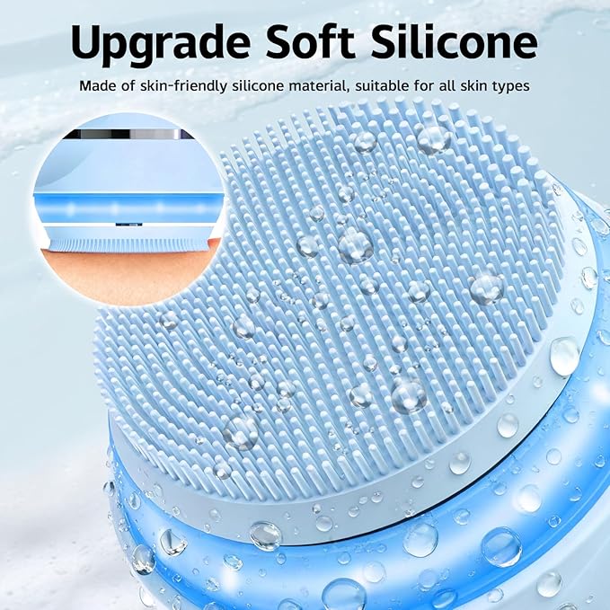 Face Scrubber, Waterproof Silicone Facial Cleansing Brush 6 Modes, 3 Light Effect, Rechargeable Electric Exfoliator Deep-Clean Scrubber for Women and Men