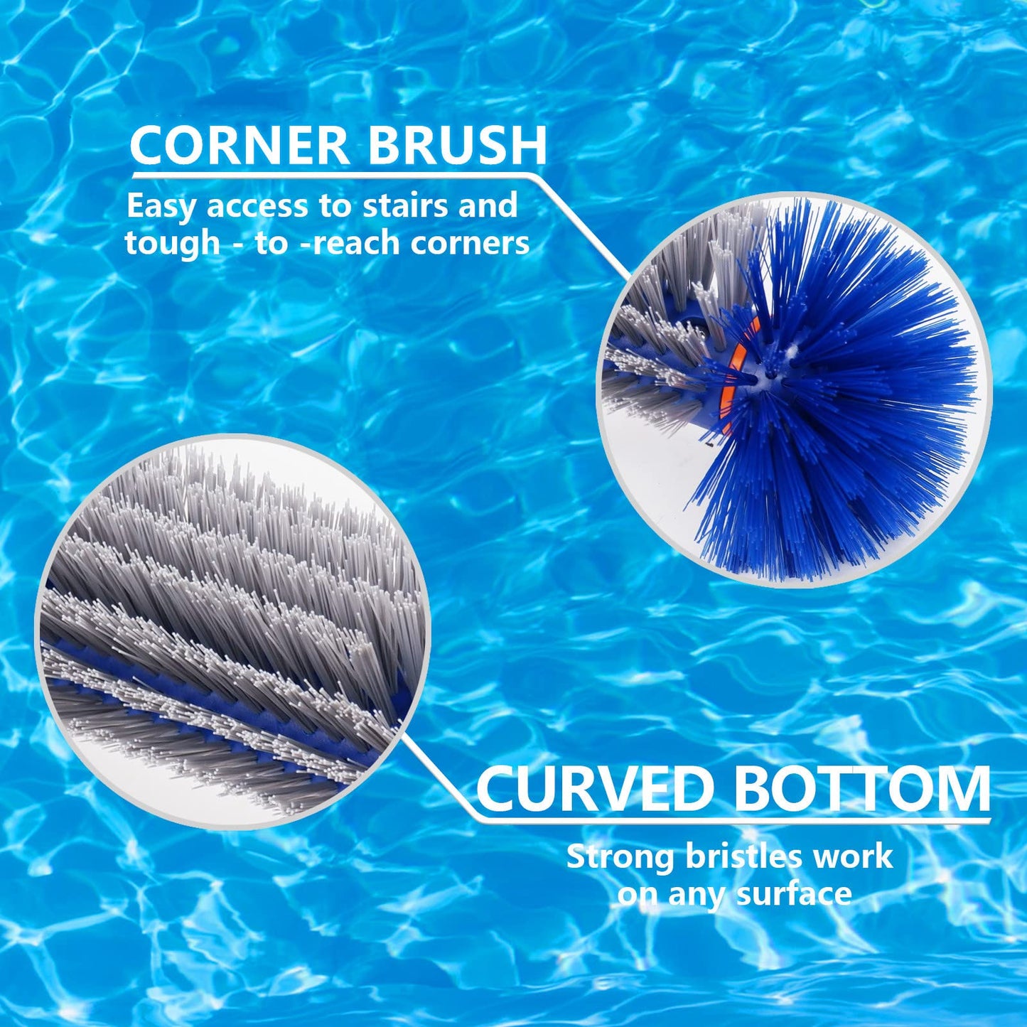 Poolvio Professional 17.5" Floor & Wall Pool Cleaning Brush with Tough Around Nylon Bristles, EZ Clip Aluminum Handle- Easily Sweep from Walls, Floors, Steps