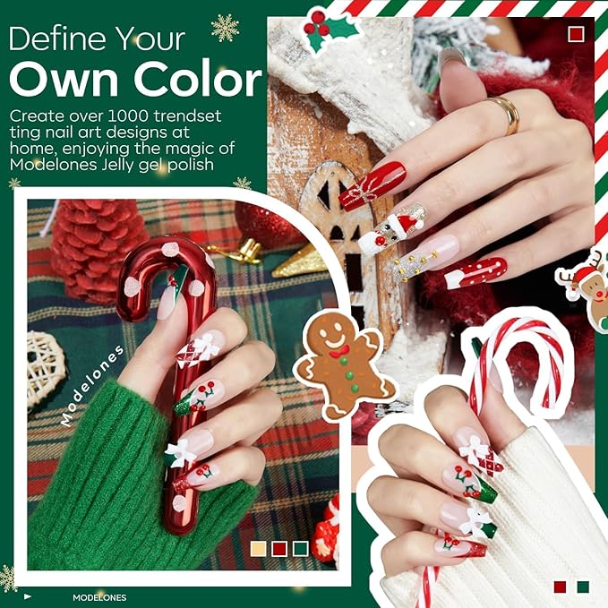 modelones Gel Nail Polish Set, 6 ColorsSparkle Dark Green Red Silver Champagne Rose Gold Glitter Gel Polish Kit New Year Soak Off Nail Art Manicure Salon DIY Home Gift