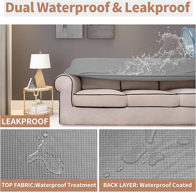 Easy-Going 100% Waterproof Oversized Chair Couch Cover, Dual Waterproof Sofa Cover, Stretch Jacquard Sofa Slipcover, Leakproof Furniture Protector for Kids, Pets, Dog and Cat, Light Gray