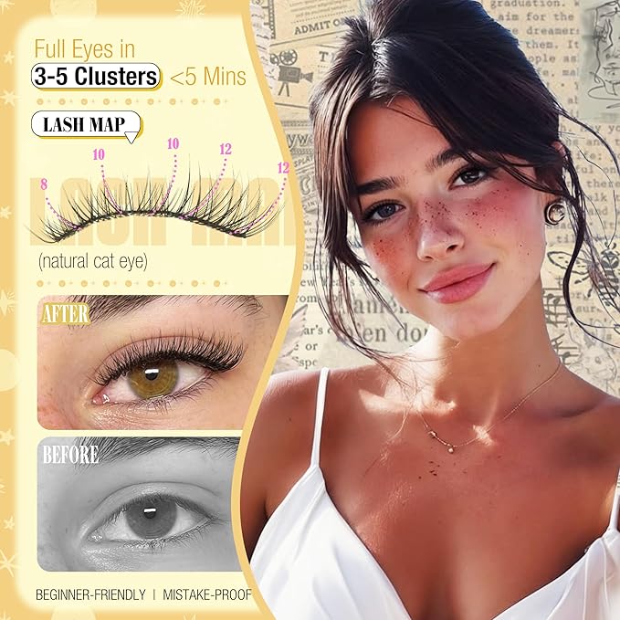 Natural Lash Clusters Kit 8-12MM Short Cluster Eyelash Extensions Kit Clear Band Cluster Lashes Wispy Eyelash Clusters CC-Curly Fluffy Individual Lashes with Lash Bond and Seal for Easy Application