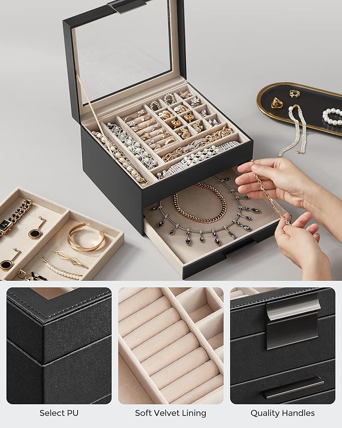 SONGMICS GISELLA Collection - Jewelry Box Organizer, 3-Layer Jewelry Storage with 2 Drawers, Shiny Metal Hardware, Glass Lid, Modern, 8 x 9.1 x 5.3 Inches, Ink Black and Silver UJBC239BK