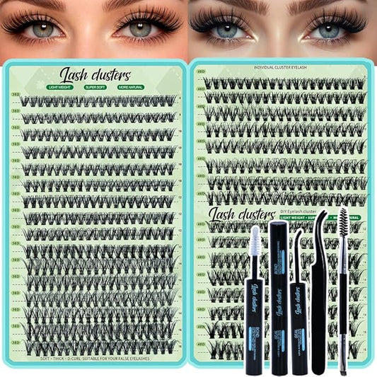 Lash Clusters Kit 640pcs Wispy Lash Clusters 30D+40D Eyelash Clusters D Curl Individual Lash Extensions Natural 9-16mm with Bond & Seal, Brush, Tweezers