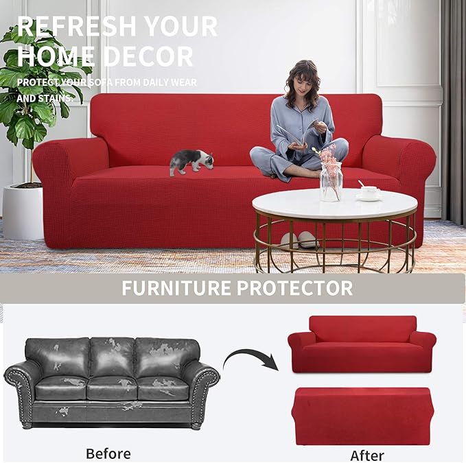 Easy-Going Stretch Oversized Chair Sofa Slipcover 1-Piece Couch Sofa Cover Furniture Protector Soft with Elastic Bottom for Kids Spandex Jacquard Fabric Small Checks Christmas Red