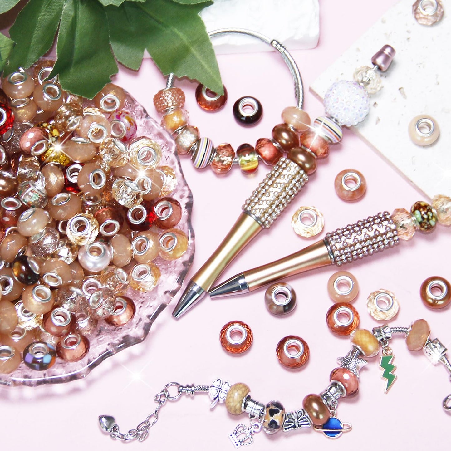 200 Pieces Large Hole Beads Spacer Bead Champagne Assorted European Craft Big Beads Large Hole Lampwork Murano Fairy Wand Garden Bead for DIY Pens Bracelet Necklace Keychain Jewelry Making Supplies