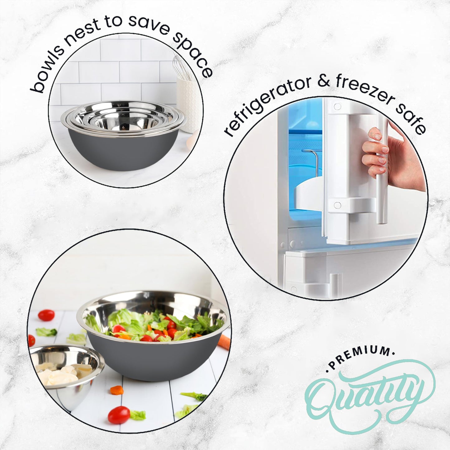 WHYSKO Meal Prep Stainless Steel Mixing Bowls Set, Home, Refrigerator, and Kitchen Food Storage Organizers | Ecofriendly, Reusable, Heavy Duty (Gray)
