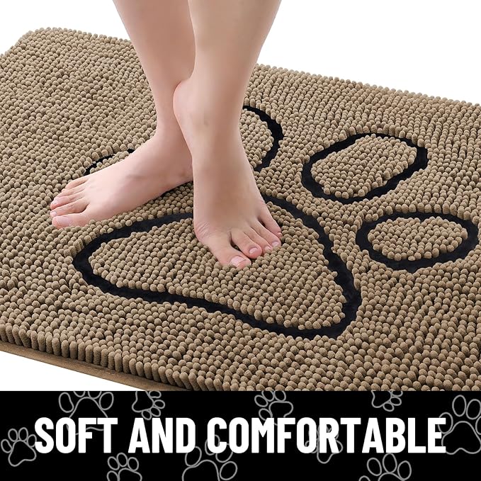Smiry Dog Door Mat for Muddy Paws, Absorbent Dirt Trapper Non Slip Quick Dry Washable Chenille Mat for Mud Dogs, Entry Rug for Indoor and Outdoor (71x46 Inches, Camel and Black)