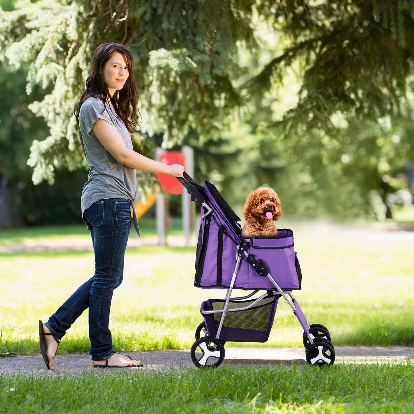 ZENY Foldable Pet Stroller, Cat/Dog Stroller with 4 Wheel, Pet Travel Carrier Strolling Cart with Storage Basket, Cup Holder (Purple)
