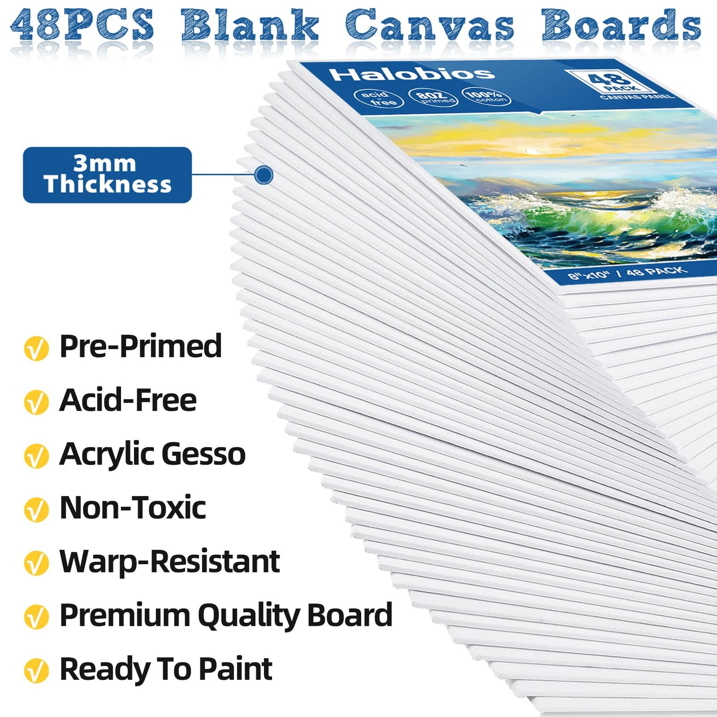 Halobios Canvas Boards for Painting 8x10 Inch, 48 Pack Blanck Canvas Panels Art Painting Supplies, 100% Cotton Primed Painting Supplies for Acrylic, Oil, Tempera & Watercolor Paint