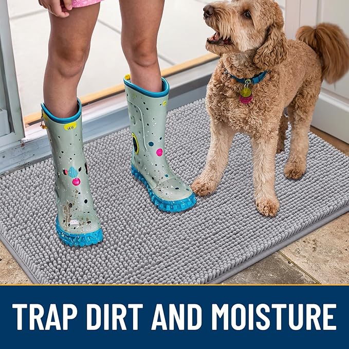 Smiry Dog Door Mat for Muddy Paws 30x20, Absorbs Moisture and Dirt Doormat, Non-Slip Washable Quick Dry Chenille Front Door Mat Indoor Entrance, Entryway Carpet for Inside Floor, Light Grey