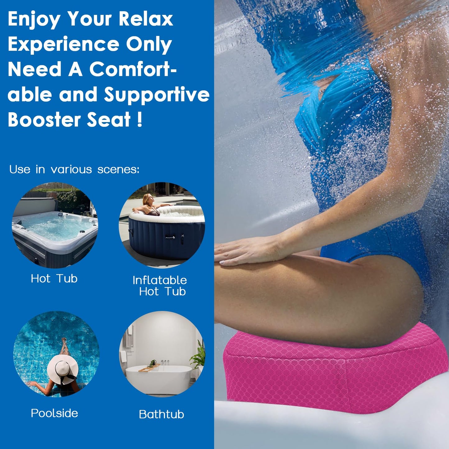 AEROiVi Hot Tub Booster Seat for Adults, 5 Inch Thick Supportive Cushion with Non-Slip Bottom, Weighted for Quick Sink without Float, Spa Booster Seat for Hot Tub (Including Inflatable), Pool, Bathtub